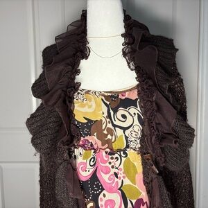 Brown Silk and wool blend ruffled long Cardigan